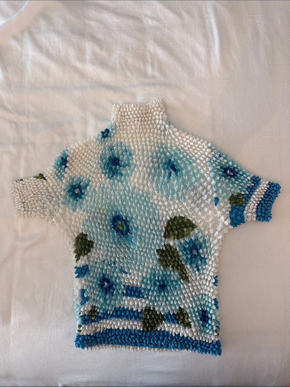 Handmade White & Blue Floral Popcorn Knit Top